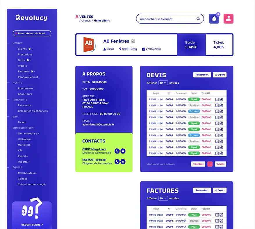 tableau de bord Gestion client